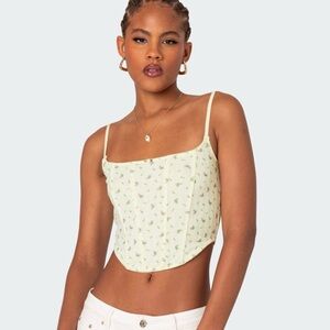 Edikted Rosey Printed Pointelle Corset Top *Pale Yellow With Pink Roses NWT